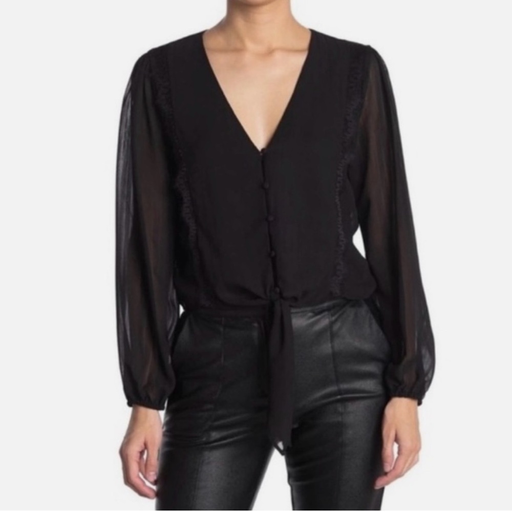 WAYF Lace Trim Knotted Long Sleeve Blouse in Black